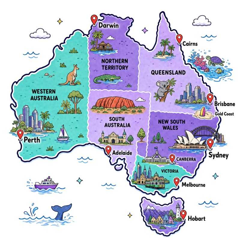Mapa de Australia con ciudades principales