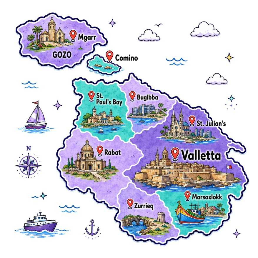 Mapa de Malta con ciudades principales